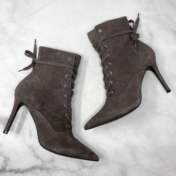 Steve Madden Jinx Suede Lace Up Pointed Toe Stiletto Ankle Boots Witch Grey 8.5 - Picture 1 of 11